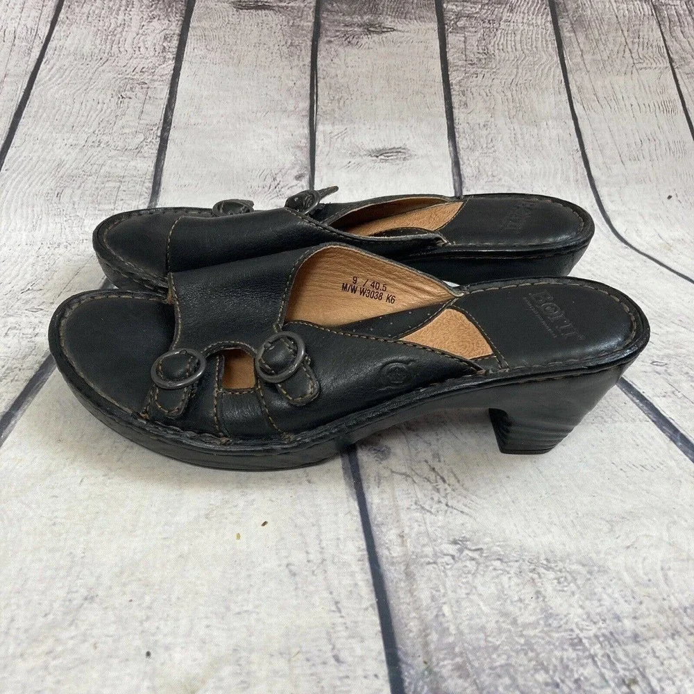 Born Sandals‎ Womens Size 9 Leather Black Side Buckle Strap Mule